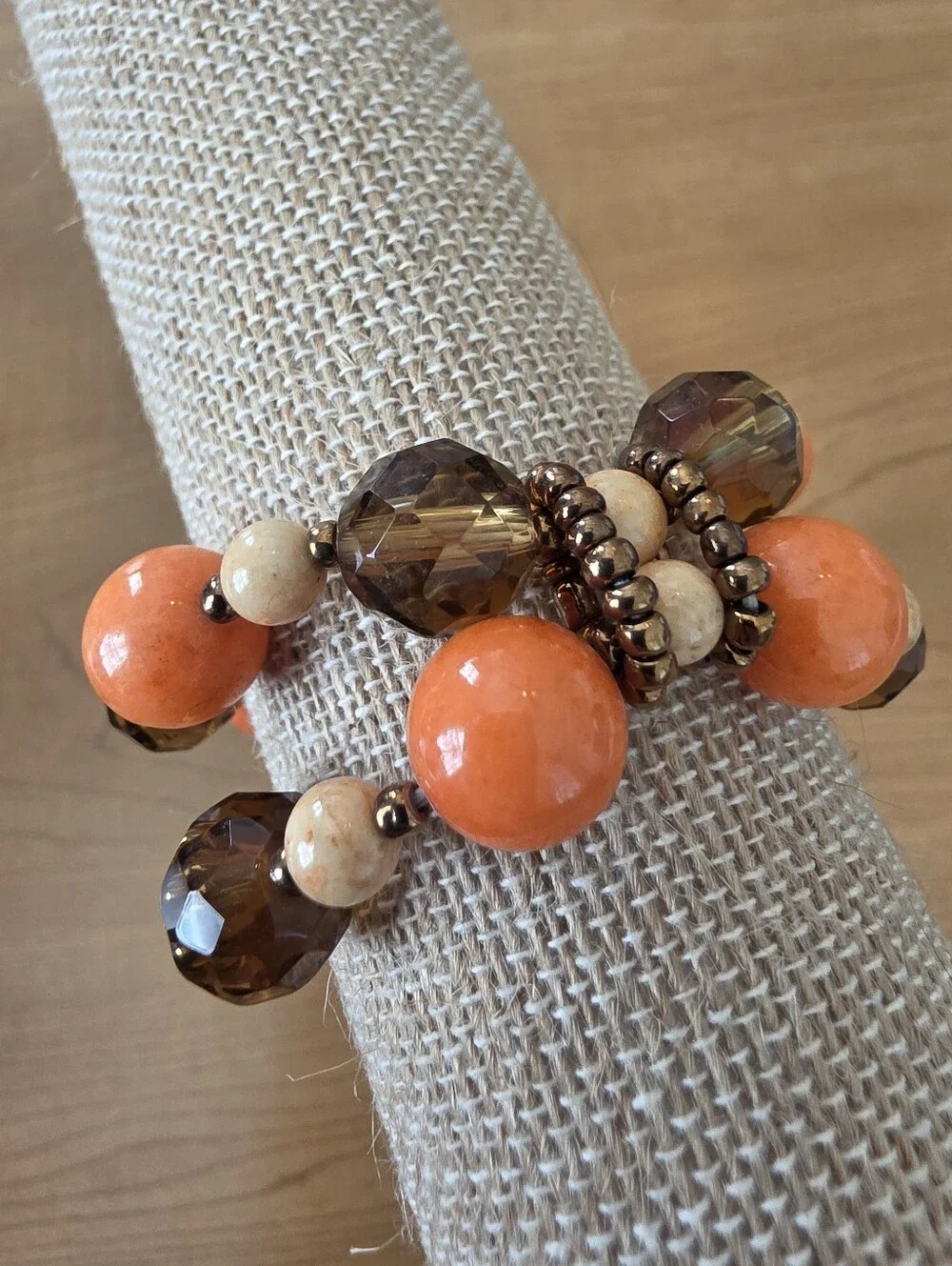 Boho Orange & Brown Beaded Multi-Row Stretch Bracelet Lightweight